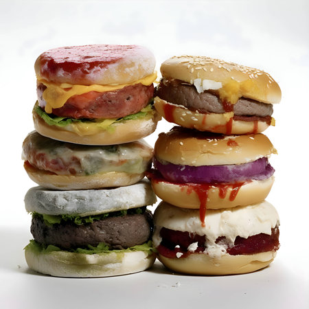 Six sweet-shaped burgers displayed on a white background.の写真素材