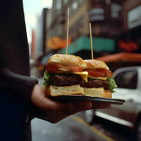 Two petite hamburgers elegantly displayed on a tray, with the vibrant cityscape as their captivating backdrop.の写真素材