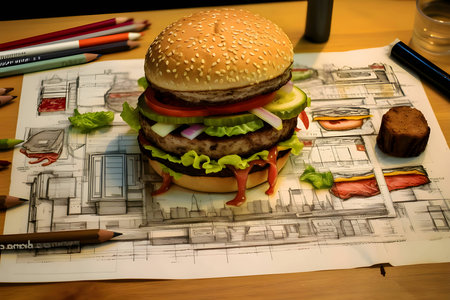 A hamburger placed on a desk surrounded by pencils and technical engravings, creating a unique and creative setting.の写真素材