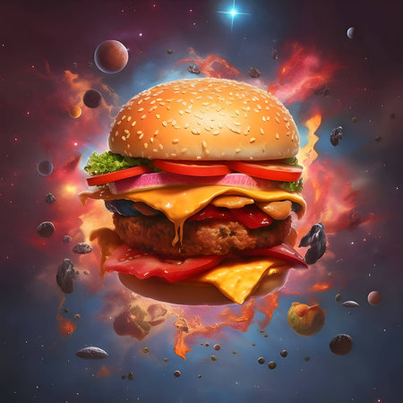 An illustration featuring a large hamburger with its mouthwatering ingredients visibly displayed, tempting the viewer's taste buds.の写真素材