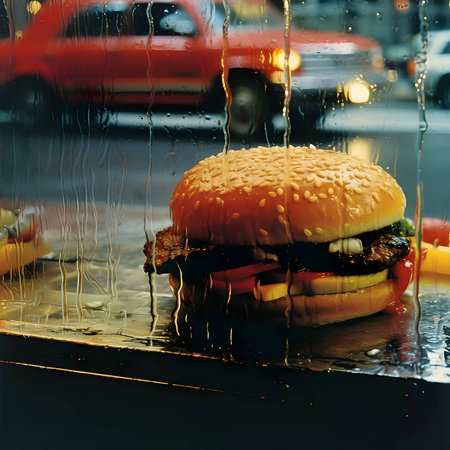 A photo captures a tantalizing hamburger amidst the blurred backdrop of a bustling street.の写真素材