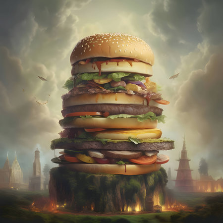 An abstract illustration showing a colossal hamburger standing on a platform, creating a visually striking and larger-than-life depiction.の写真素材