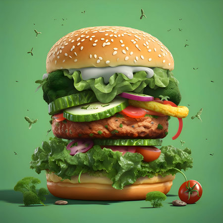 An illustration showing a substantial vegetable burger with various colorful veggies, presented on a captivating green background.の写真素材