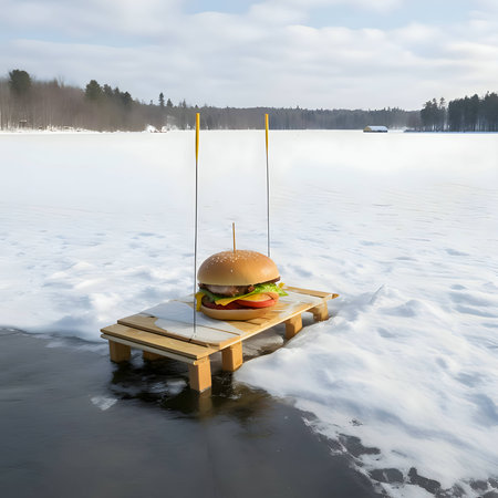 Experience the magic of winter with a delightful hamburger surrounded by a snowy ambiance.の写真素材