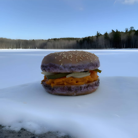 Experience the magic of winter with a delightful hamburger surrounded by a snowy ambiance.の写真素材