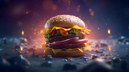 A tantalizing hamburger takes center stage against a fiery backdrop, enticing with its mouthwatering appeal.の写真素材
