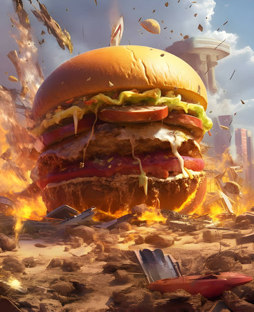 Abstract illustration of a vibrant hamburger, its colors and shapes harmoniously blending against a solid backdrop, evoking a sense of culinary art.の写真素材