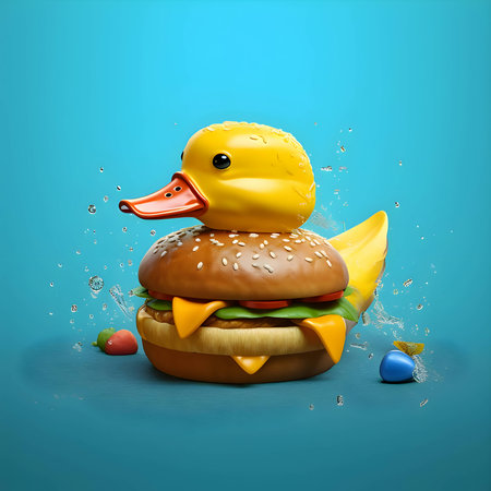 Abstract illustration: A playful twist on the classic hamburger, transformed into a whimsical duck shape, combining creativity and culinary delights.の写真素材