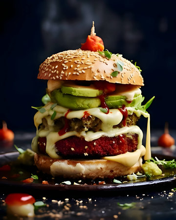 Abstract illustration of a vibrant hamburger, its colors and shapes harmoniously blending against a solid backdrop, evoking a sense of culinary art.の写真素材