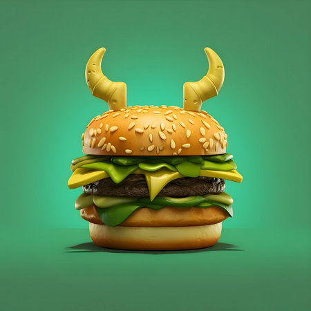 Abstract illustration of a vibrant hamburger, its colors and shapes harmoniously blending against a solid backdrop, evoking a sense of culinary art.の写真素材