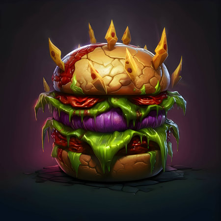 Abstract illustration of a vibrant hamburger, its colors and shapes harmoniously blending against a solid backdrop, evoking a sense of culinary art.の写真素材