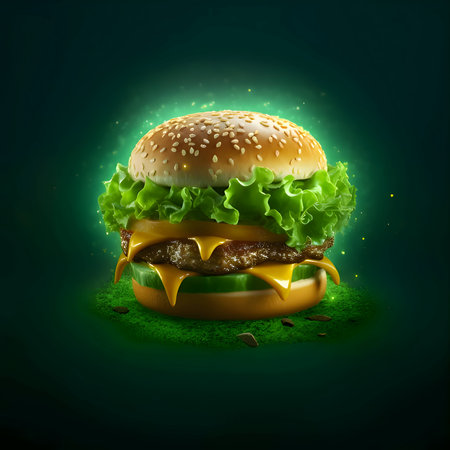 A classic hamburger with fresh lettuce, melted cheese, and juicy tomato, beautifully presented on a vibrant green background.の写真素材