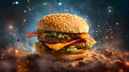 A tantalizing hamburger takes center stage against a fiery backdrop, enticing with its mouthwatering appeal.の写真素材