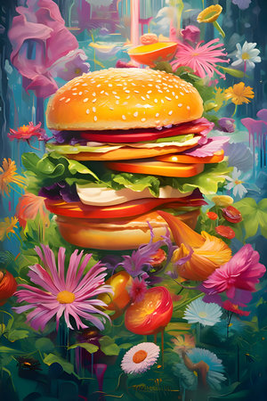 Illustration: A mouthwatering hamburger is showcased against a backdrop of vibrant blooming flowers, creating a delightful fusion of nature and food.の写真素材