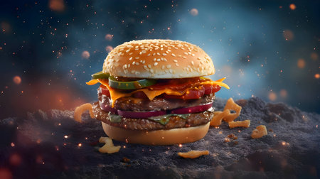 A tantalizing hamburger takes center stage against a fiery backdrop, enticing with its mouthwatering appeal.の写真素材