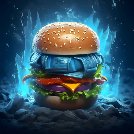 Abstract illustration of a vibrant hamburger, its colors and shapes harmoniously blending against a solid backdrop, evoking a sense of culinary art.の写真素材