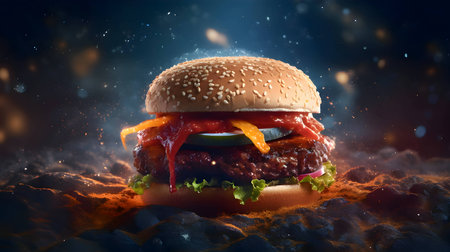 A tantalizing hamburger takes center stage against a fiery backdrop, enticing with its mouthwatering appeal.の写真素材