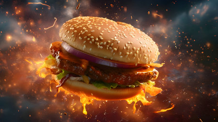 A tantalizing hamburger takes center stage against a fiery backdrop, enticing with its mouthwatering appeal.の写真素材