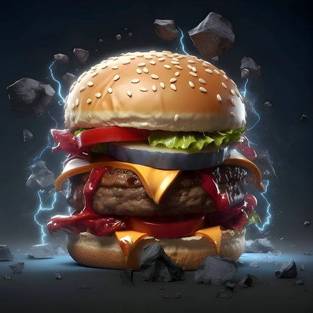 Abstract illustration of a vibrant hamburger, its colors and shapes harmoniously blending against a solid backdrop, evoking a sense of culinary art.の写真素材