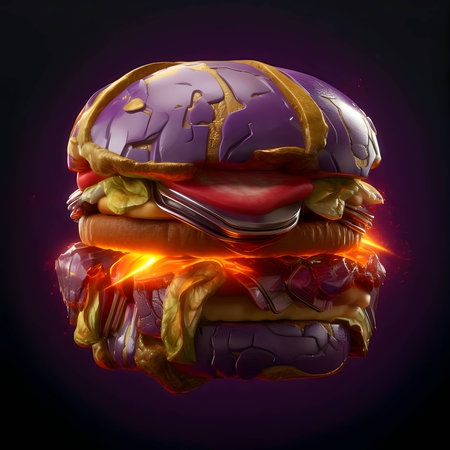 Abstract illustration of a vibrant hamburger, its colors and shapes harmoniously blending against a solid backdrop, evoking a sense of culinary art.の写真素材