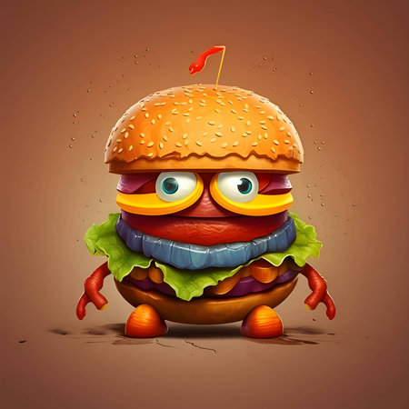 Illustration of a joyful hamburger with playful eyes and expressive hands, ready to bring happiness to your taste buds.の写真素材