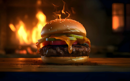 A sizzling hamburger stands boldly against a fiery backdrop, creating an intense and captivating visual contrast.の写真素材
