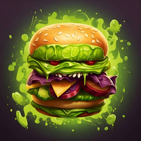 Abstract illustration of a vibrant hamburger, its colors and shapes harmoniously blending against a solid backdrop, evoking a sense of culinary art.の写真素材