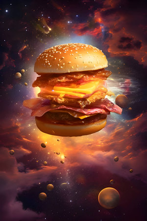 Illustration: A mouthwatering hamburger takes center stage against the vast expanse of space and a breathtaking sky, creating a cosmic culinary experience.の写真素材