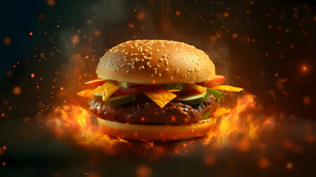 A fiery backdrop accentuates a scrumptious burger layered with fresh lettuce, zesty dressing, crunchy cucumber, and tangy onions. Scattered fries complete the picture.の写真素材
