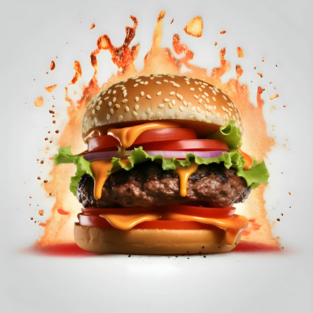 Abstract illustration: a mouthwatering hamburger soaring against the vast expanse of the sky.の写真素材