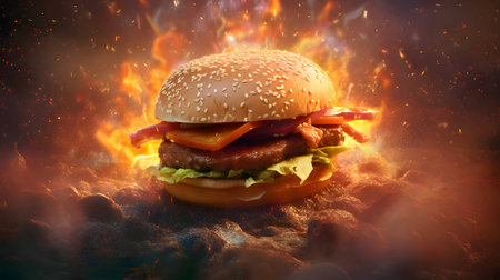A tantalizing hamburger takes center stage against a fiery backdrop, enticing with its mouthwatering appeal.の写真素材