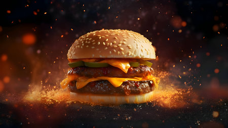 A tantalizing hamburger takes center stage against a fiery backdrop, enticing with its mouthwatering appeal.の写真素材