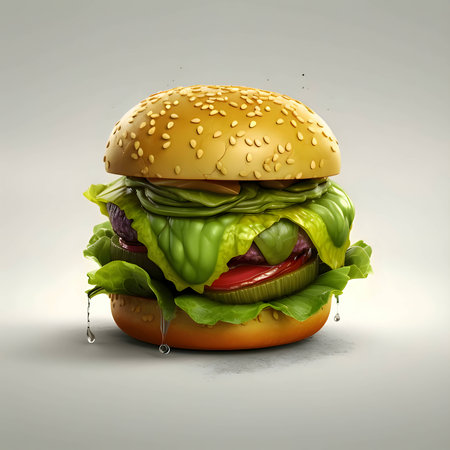 Abstract illustration of a vibrant hamburger, its colors and shapes harmoniously blending against a solid backdrop, evoking a sense of culinary art.の写真素材