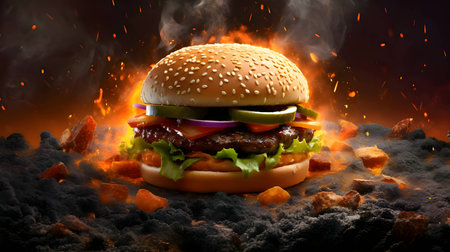 A fiery backdrop accentuates a scrumptious burger layered with fresh lettuce, zesty dressing, crunchy cucumber, and tangy onions. Scattered fries complete the picture.の写真素材