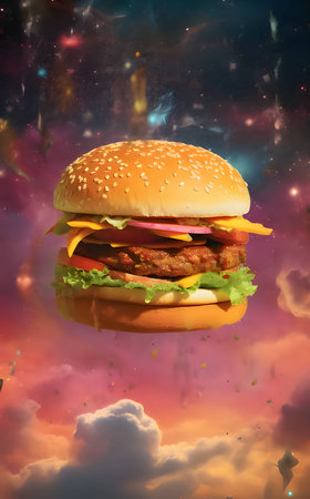 Abstract illustration: a mouthwatering hamburger soaring against the vast expanse of the sky.の写真素材