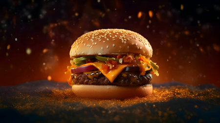 A tantalizing hamburger takes center stage against a fiery backdrop, enticing with its mouthwatering appeal.の写真素材