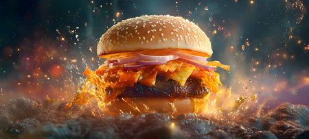 A tantalizing hamburger takes center stage against a fiery backdrop, enticing with its mouthwatering appeal.の写真素材