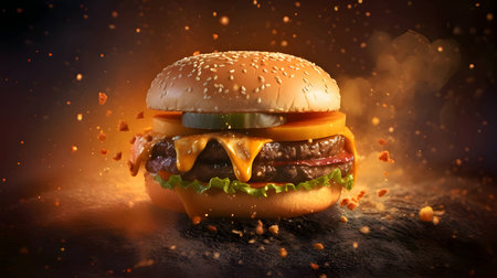 A tantalizing hamburger takes center stage against a fiery backdrop, enticing with its mouthwatering appeal.の写真素材