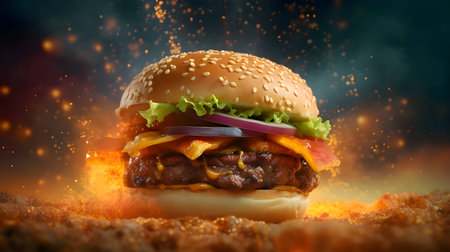 A tantalizing hamburger takes center stage against a fiery backdrop, enticing with its mouthwatering appeal.の写真素材
