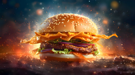A tantalizing hamburger takes center stage against a fiery backdrop, enticing with its mouthwatering appeal.の写真素材