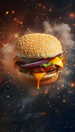 A tantalizing hamburger takes center stage against a fiery backdrop, enticing with its mouthwatering appeal.の写真素材