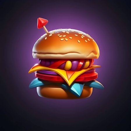 Abstract illustration of a vibrant hamburger, its colors and shapes harmoniously blending against a solid backdrop, evoking a sense of culinary art.の写真素材