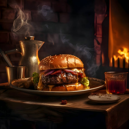 Juicy hamburger on a wooden table, beautifully presented on gleaming metal tableware.の写真素材