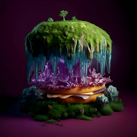 Abstract illustration of a burger transformed into a mining sceneの写真素材