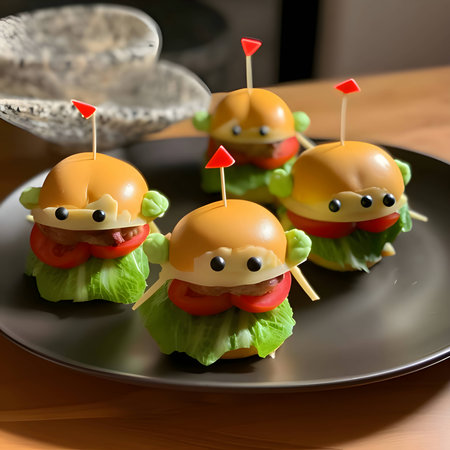 A collection of bite-sized mini-burgers artfully arranged on a rustic wooden board.の写真素材