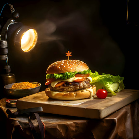 Hamburger placed on a rustic wooden board, bathed in warm illumination from a nearby lamp.の写真素材