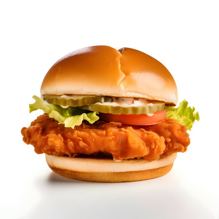 Delicious chicken burger with sauce, lettuce, cucumber, and tomato beautifully presented on a white background.の写真素材