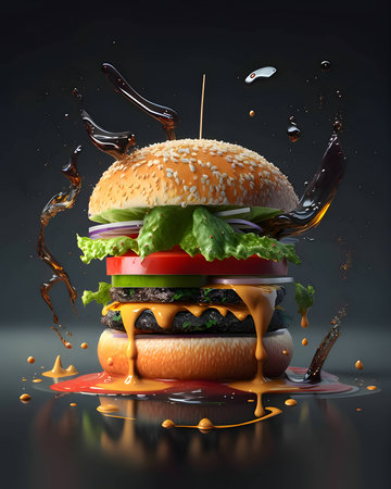 Abstract illustration of a vibrant hamburger, its colors and shapes harmoniously blending against a solid backdrop, evoking a sense of culinary art.の写真素材