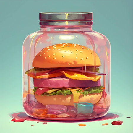Abstract illustration - a burger captured within a large jar, creating an intriguing visual concept.の写真素材