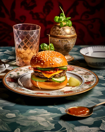 A burger with a delicious appearance, beautifully arranged on a plate, served on an elegant table.の写真素材